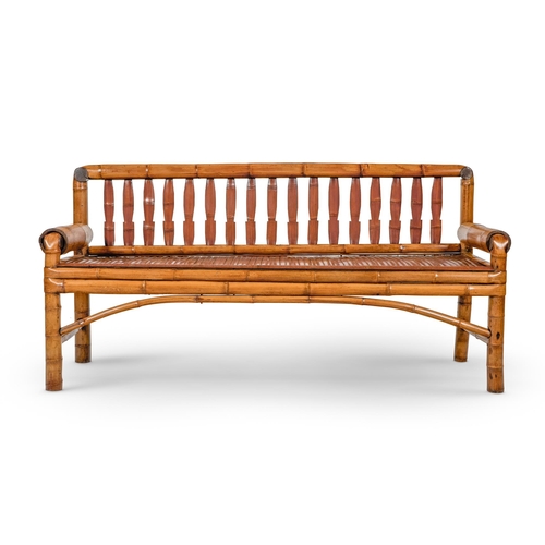 116 - A BAMBOO BENCH  PROBABLY INDONESIAN, MODERN  With slatted back and seat   84.5cm high, 171cm wide, 6... 