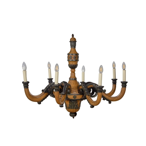 124 - A CARVED AND PAINTED WOODEN EIGHT BRANCH CHANDELIERFRENCH, MID 19TH CENTURYWired for electricity, re... 