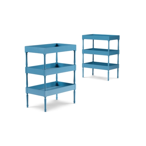 126 - A PAIR OF THREE TIER BLUE PAINTED SIDE TABLES BY SIBYL COLEFAX & JOHN FOWLER72cm high, 54cm wide, 32... 