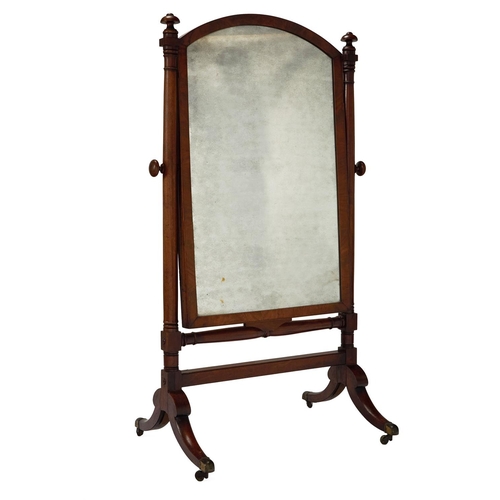 128 - A MAHOGANY CHEVAL MIRROR ENGLISH, EARLY 19TH CENTURYWith an associated arched plate175cm high, 101cm... 