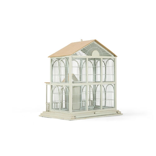 13 - A PAINTED WOOD AND WIRE BIRDCAGE IN THE FORM OF A PAVILION20TH CENTURY67cm high, 60.5cm wide, 46cm d... 