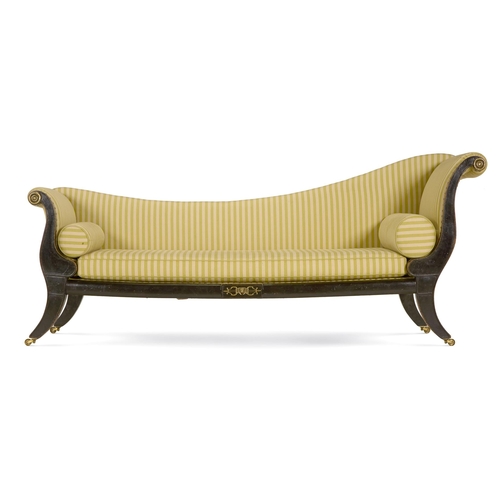 133 - A REGENCY BRASS-MOUNTED EBONISED SOFAEARLY 19TH CENTURY Upholstered in green stripe fabric 87cm high... 