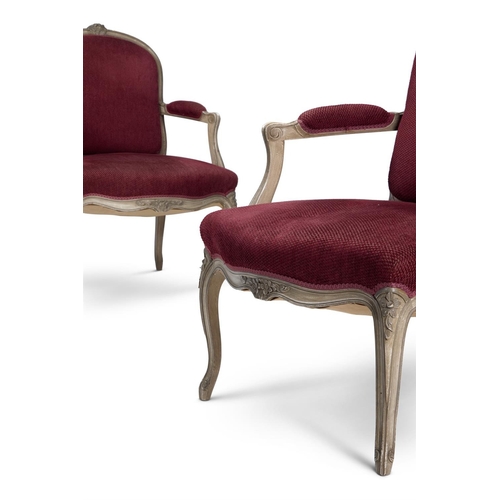 136 - A PAIR OF GREY PAINTED FAUTEILS LATE 20TH CENTURY, IN THE LOUIS XV STYLEUpholstered in red weave fab... 