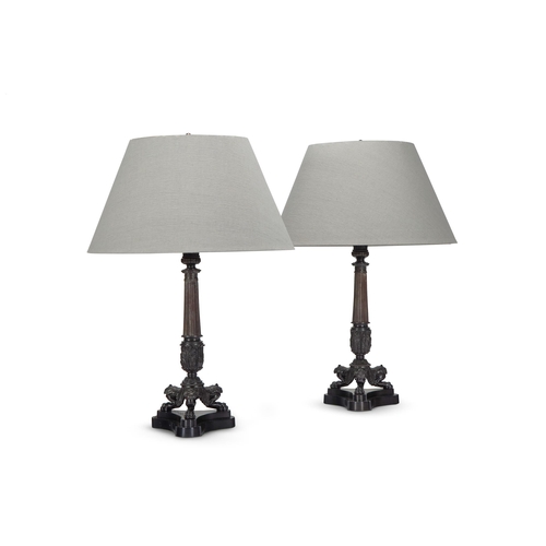 146 - A PAIR OF BRONZE COLUMN LAMPS LATE 20TH CENTURY, IN THE LOUIS PHILLIPE STYLE81cm high overall