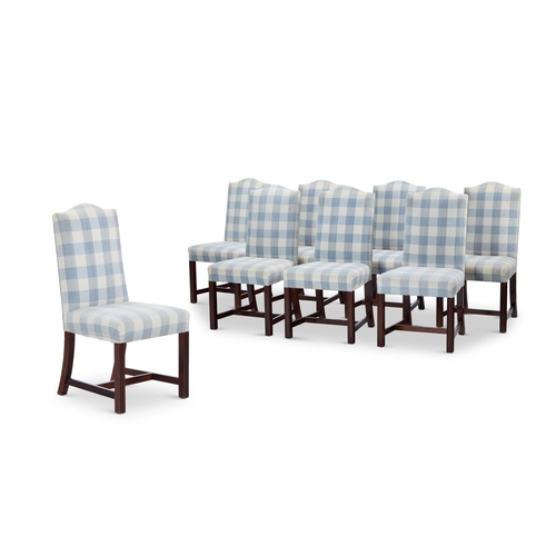 15 - A SET OF EIGHT BLUE AND WHITE CHECK COTTON UPHOLSTERED MAHOGANY DINING CHAIRS LATE 20TH CENTURY102.5... 