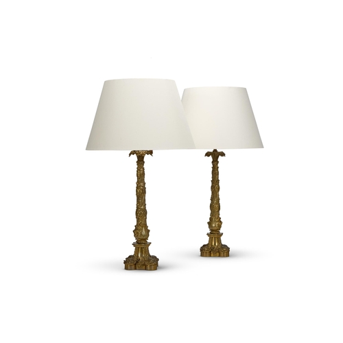 155 - A PAIR OF GILT BRONZE LAMPS OF LARGE SIZEENGLISH, MID 19TH CENTURY Decorated with vine leaves, fitte... 