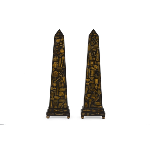 156 - A PAIR OF BLACK PAINTED AND GILT DECOUPAGE DECORATED WOODEN OBELISKSMODERN49.5cm high, 13cm square