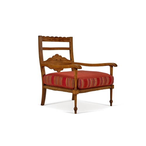 164 - A WALNUT OPEN ARMCHAIR OF LARGE SIZE PROBABLY NORTH EUROPEAN, MID 20TH CENTURYWith red striped cotto... 