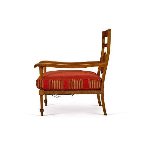 164 - A WALNUT OPEN ARMCHAIR OF LARGE SIZE PROBABLY NORTH EUROPEAN, MID 20TH CENTURYWith red striped cotto... 