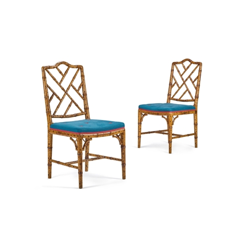 169 - A PAIR OF PAINTED SIMULATED BAMBOO SIDE CHAIRSENGLISH, LATE 20TH CENTURYEach with blue cotton and tu... 