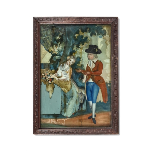 176 - A PAIR OF REVERSE GLASS PAINTINGSCHINESE EXPORT, LATE 18TH CENTURYOne depicting a courting couple, t... 