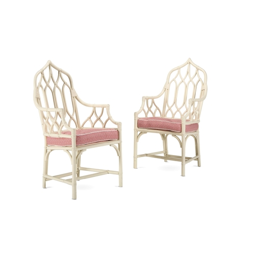 187 - A PAIR OF WHITE PAINTED SIMULATED BAMBOO OPEN ARMCHAIRS MODERNWith upholstered Sibyl Colefax & John ... 