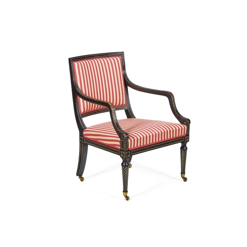 194 - A REGENCY EBONISED OPEN ARMCHAIR  EARLY 19TH CENTURY  With red and cream striped cotton upholstery 8... 