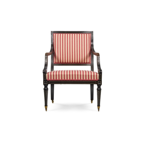 194 - A REGENCY EBONISED OPEN ARMCHAIR  EARLY 19TH CENTURY  With red and cream striped cotton upholstery 8... 