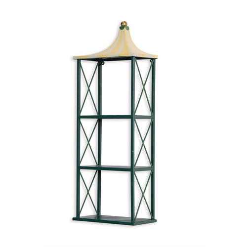 222 - A GREEN, YELLOW AND CREAM TOLE HANGING SHELF  ENGLISH, MODERN 75cm high, 28cm wide, 15cm deep