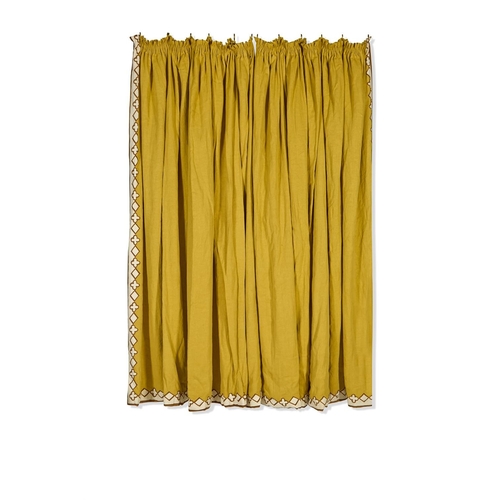 224 - THREE PAIRS OF CURTAINS IN LARSON SAFFRON 'SOUND' FABRIC WITH 'GOTHIC STRIPE' BORDERS AND A COLEFAX ... 