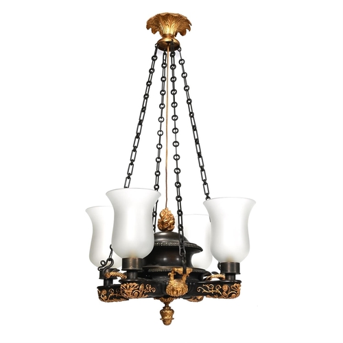 237 - A REGENCY ORMOLU AND BRONZE FOUR LIGHT COLZA CHANDELIER EARLY 19TH CENTURY Previously oil, now fitte... 