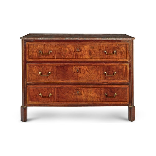 241 - A DIRECTOIRE WALNUT COMMODEEARLY 19TH CENTURYWith a later marble top, three drawers and canted angle... 