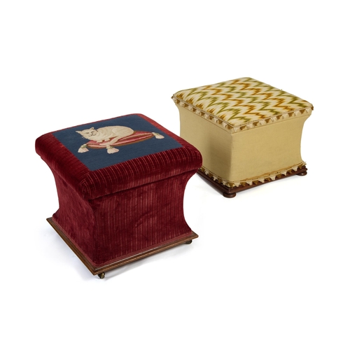 244 - A NEEDLEWORK AND UPHOLSTERED MAHOGANY STOOLENGLISH, MID 19TH CENTURY Upholstered in red striped velv... 