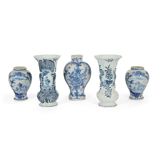 279 - FIVE VARIOUS DELFT BLUE AND WHITE VASESVARIOUS DATES, 18TH, 19TH AND EARLY 20TH CENTURIESThe central... 