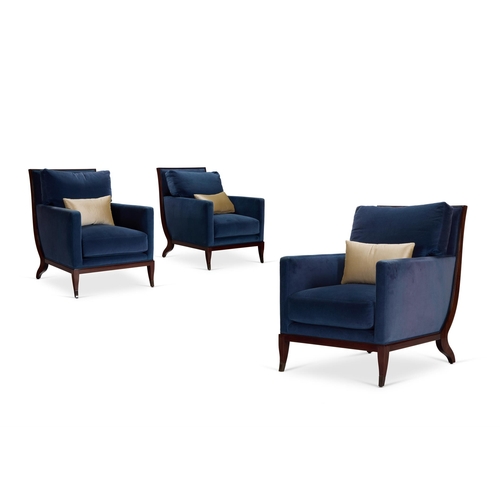 28 - A SET OF THREE BLUE VELVET UPHOLSTERED MAHOGANY EASY ARMCHAIRS
BY WILLIAM SWITZER, LATE 20TH CENTURY... 