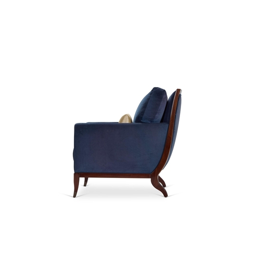 28 - A SET OF THREE BLUE VELVET UPHOLSTERED MAHOGANY EASY ARMCHAIRSLATE 20TH CENTURYThe front legs with m... 