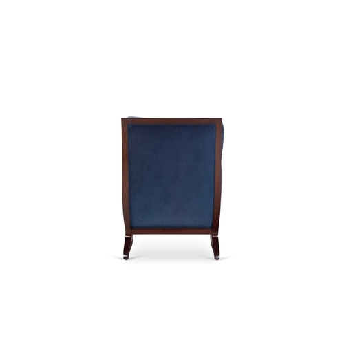 28 - A SET OF THREE BLUE VELVET UPHOLSTERED MAHOGANY EASY ARMCHAIRSLATE 20TH CENTURYThe front legs with m... 