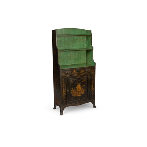 280 - A REGENCY GREEN AND GILT JAPANNED SIDE CABINETEARLY 19TH CENTURYWith open shelves above a drawer and... 