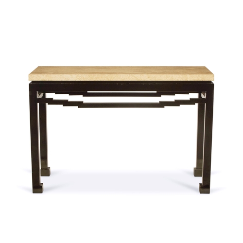 3 - A BLACK-LACQUERED METAL CONSOLE TABLE WITH TRAVERTINE TOP  MODERN 80.5cm high, 120cm wide, 50cm deep