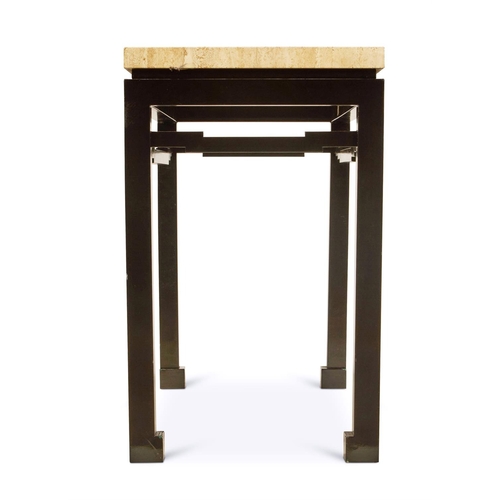 3 - A BLACK-LACQUERED METAL CONSOLE TABLE WITH TRAVERTINE TOP  MODERN 80.5cm high, 120cm wide, 50cm deep