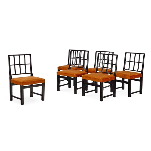 33 - A SET OF SIX EBONISED CHAIRS MODERNEach with burnt orange velvet upholstered seatsTwo chairs of a sl... 