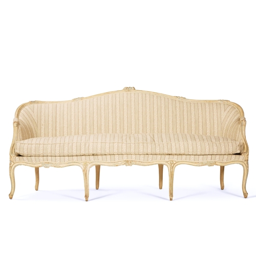 36 - A CREAM, GREEN AND BLUE PAINTED SERPENTINE SOFA FRENCH, LATE 19TH CENTURY, IN THE LOUIS XV STYLE  Wi... 