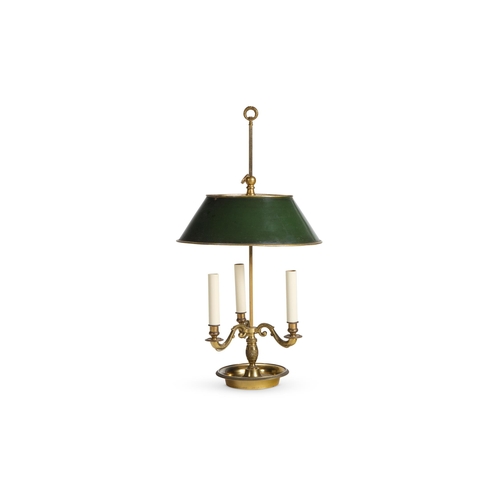 43 - A BRASS THREE BRANCH BOUILLOTTE LAMP FRENCH, SECOND HALF 19TH CENTURY, IN THE DIRECTOIRE STYLE With ... 