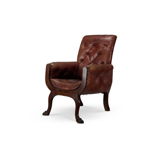 44 - A MAHOGANY LIBRARY CHAIR ENGLISH, MID 19TH CENTURYUpholstered in buttoned red leather, one arm with ... 