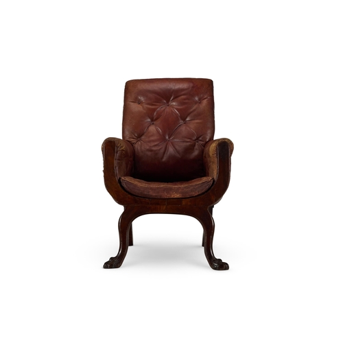 44 - A MAHOGANY LIBRARY CHAIR ENGLISH, MID 19TH CENTURYUpholstered in buttoned red leather, one arm with ... 