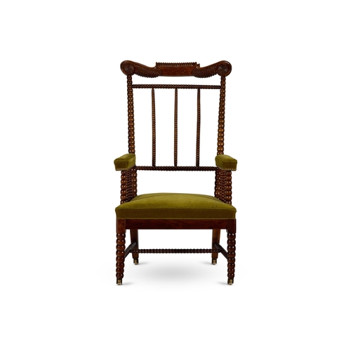 47 - A WILLIAM IV GRAINED BEECH BOBBIN-TURNED OPEN ARMCHAIR EARLY 19TH CENTURY  Upholstered in green velv... 