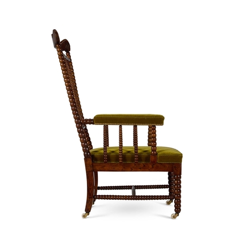 47 - A WILLIAM IV GRAINED BEECH BOBBIN-TURNED OPEN ARMCHAIR EARLY 19TH CENTURY  Upholstered in green velv... 