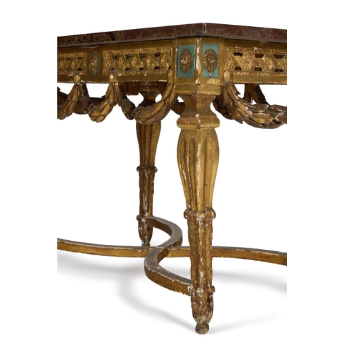 56 - A GILTWOOD AND GREEN PAINTED CENTRE TABLE ITALIAN, 19TH CENTURYThe later marble top above a pierced ... 