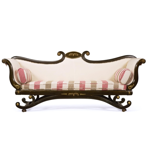 9 - A REGENCY BRASS-MOUNTED DARK BRONZE PAINTED SOFA  EARLY 19TH CENTURYWith striped cotton upholstered ... 