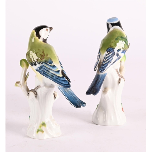 57 - TWO MEISSEN MODELS OF TITMOUSES20TH CENTURYEach modelled perched atop a tree stumpeach approximately... 