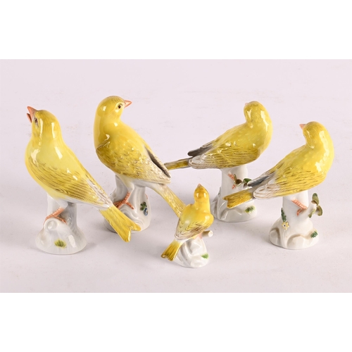 58 - A GROUP OF FIVE MEISSEN MODELS OF YELLOW FINCHES20TH CENTURYEach modelled perched atop a tree stumpe... 