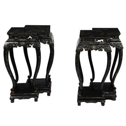 11 - A PAIR OF CHINESE BLACK LACQUERED AND PARCEL GILT SIDE TABLES20TH CENTURYEach with a lozenge shaped ... 