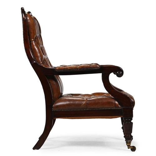 13 - A VICTORIAN MAHOGANY AND BUTTONED LEATHER UPHOLSTERED LIBRARY ARMCHAIRCIRCA 1840106cm high, 64cm wid... 