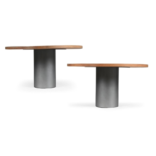 158 - TWO ROUND BEECH AND METAL DINING TABLES OF RECENT MANUFACTURE 73cm high, 139cm diameter Provenance:P... 