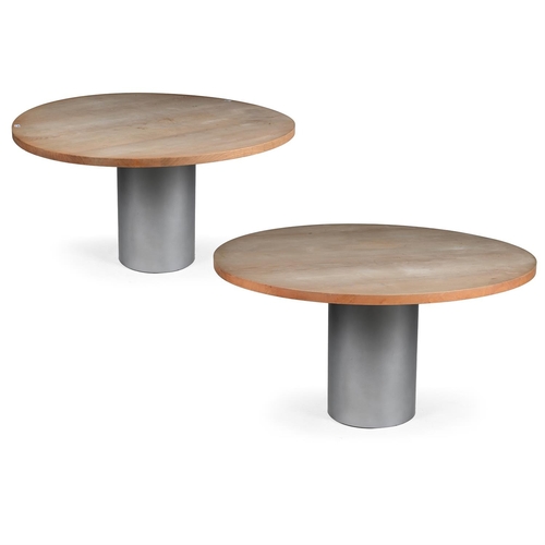 158 - TWO ROUND BEECH AND METAL DINING TABLES OF RECENT MANUFACTURE 73cm high, 139cm diameter Provenance:P... 