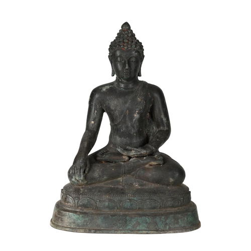 166 - A BRONZE FIGURE OF BUDDHATHAILAND 20TH CENTURYseated on a lotus throne, with hands in Bhumisparsha a... 