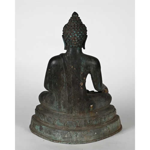 166 - A BRONZE FIGURE OF BUDDHATHAILAND 20TH CENTURYseated on a lotus throne, with hands in Bhumisparsha a... 