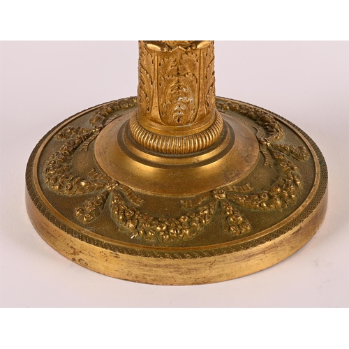 197 - A PAIR OF GILT METAL CANDLESTICK LAMP BASES19TH CENTURY later converted 47cm high, 14cm diameter