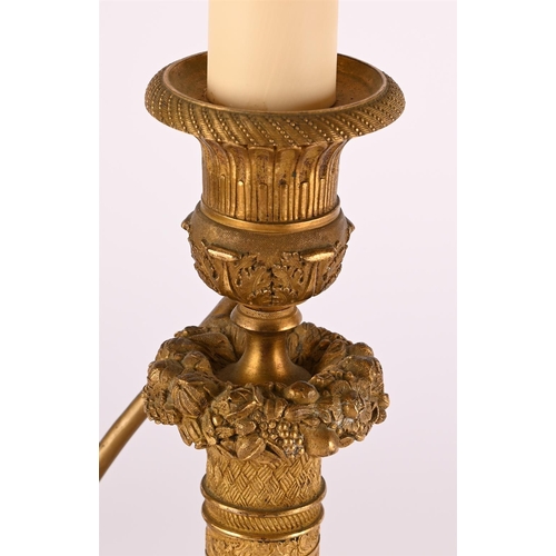 197 - A PAIR OF GILT METAL CANDLESTICK LAMP BASES19TH CENTURY later converted 47cm high, 14cm diameter