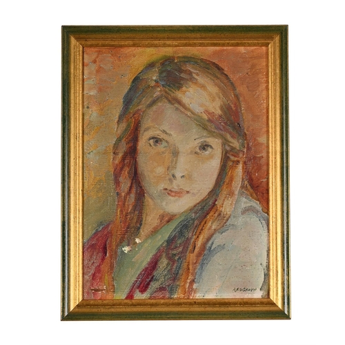 205 - BRITISH SCHOOL (20TH CENTURY)PORTRAIT OF A GIRL WEARING BLUEOil on canvas laid to board Signed Redgr... 